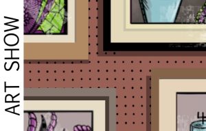 An illustration of several framed art pieces on a peg board.
