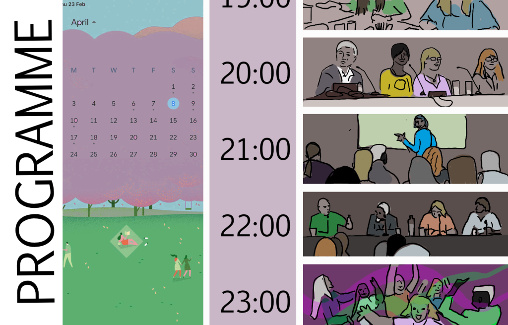 A comic. The left panel shows a calendar with Saturday 8th April highlighted. The right panel shows every hour from 19:00 to 23:00 with an illustration of panel items, presentations and a disco next to each.